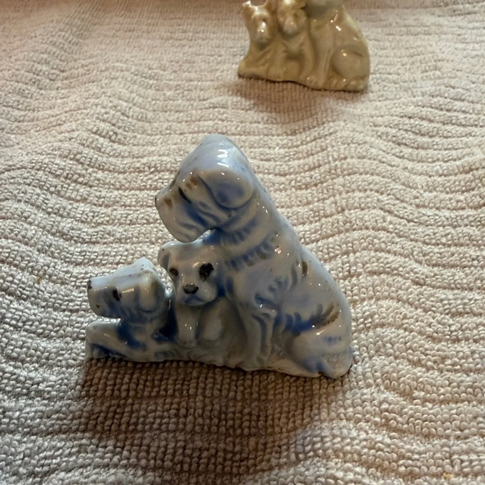 Vintage porcelain Dog Figurine Sets - Cream and Blue. Made in Japan